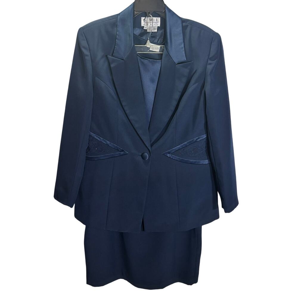 GMI Navy Skirt Suit Size 16 Satin Trim Church Career 2 Pc Formal Set